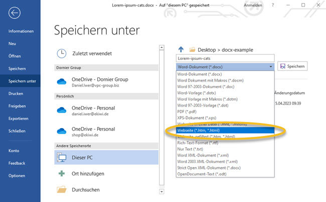 Screenshot Word Speichern unter als Webseite