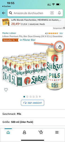 Screenshot Amazon-App Produkt-Link teilen