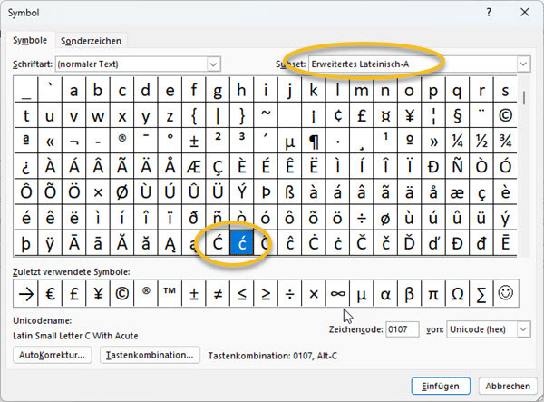 Screenshot der Symbole und Sonderzeichen in Microsoft Office