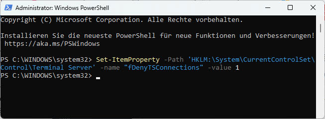 Screenshot PowerShell ausschalten der Remote desktop Verbindung