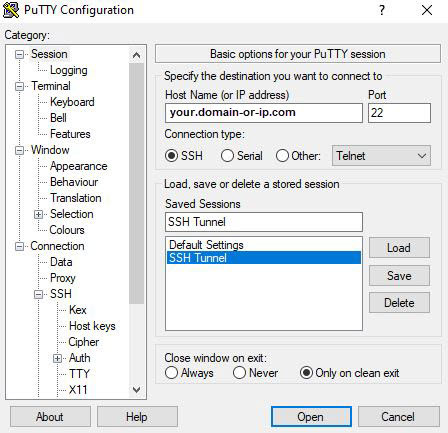 Capture d'écran PuTTY - Configuration de la session