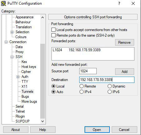 Captura de pantalla configurando túnel RDP con reenvío de puertos