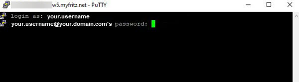Captura de pantalla PuTTY Introduzca el nombre de usuario y la contraseña para establecer la conexión SSH