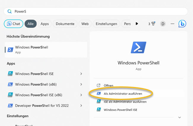 Screenshot Starte Powershell übers Windows-Menü als Adminstrator