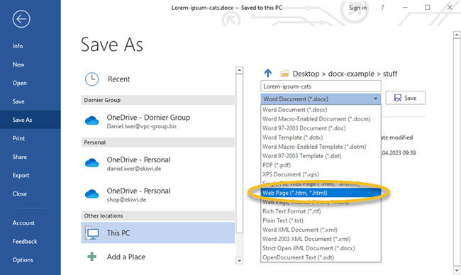 Screenshot Word Save As Web Page
