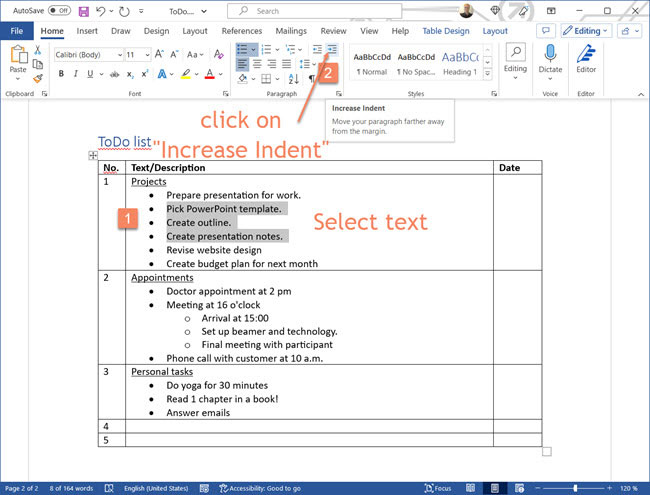 Screenshot of how to indent a list/enumeration in Word via menu Start, section Paragraph, button Increase indent, so that it appears as a sublist