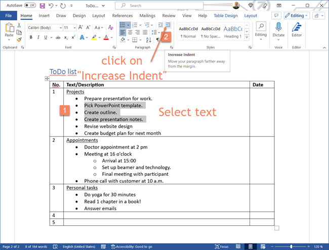 Capture d'écran de l'indentation d'une liste/énumération dans Word via le menu Démarrer, section Paragraphe, bouton Augmenter l'indentation, de sorte qu'elle apparaisse comme une sous-liste