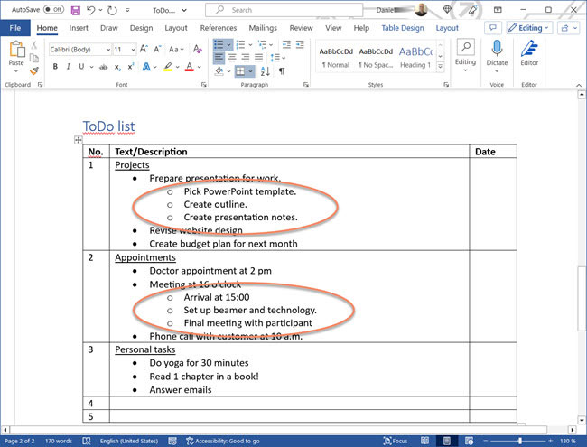 Screenshot of Word with list and indented sub-list within a table