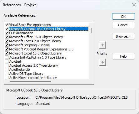 Screenshot of the necessary references in the VBA editor