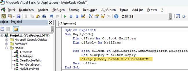 Screenshot VBA-Quellcode, um ein MailItem als HTML-Mail zu formatieren