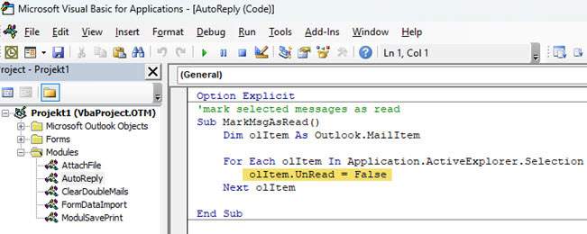 Screenshot of the VBA editor with the macro that marks the email as read