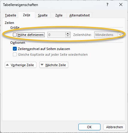 Fenster Tabelleneigenschaften: Neue Einstellungen für die Zeilenhöhe