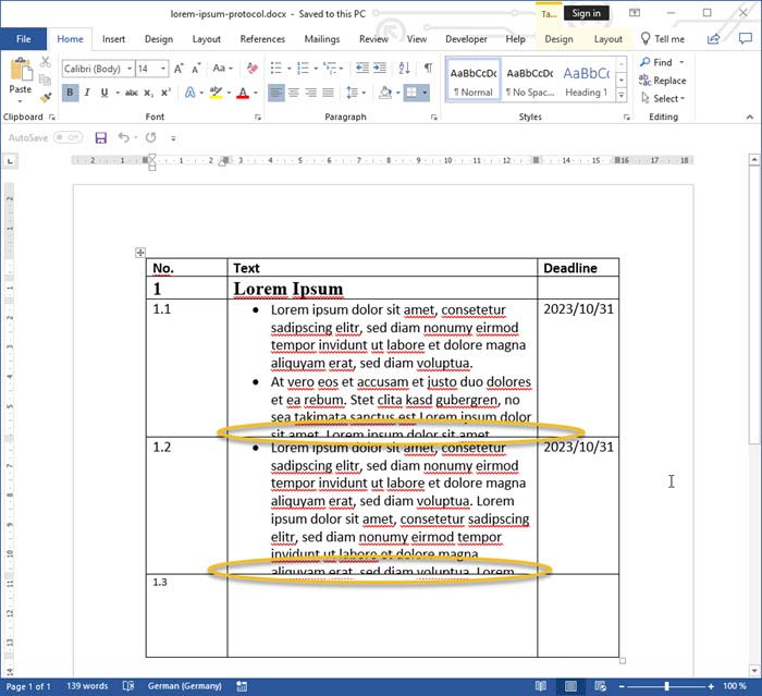 Documento de Word con una tabla en la que el texto se trunca y la altura de la fila no se ajusta automáticamente