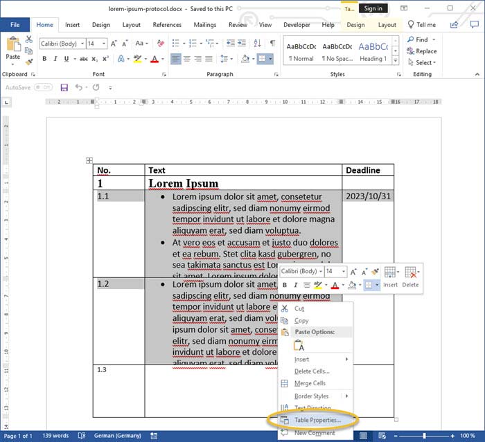 Screenshot Word select Table Properties...