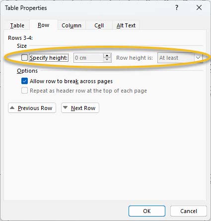 Table Properties window: New settings for row height