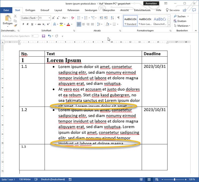 Word-Dokument mit einer Tabelle, bei welcher der Text abgeschnitten ist und die Zeilenhöhe nicht automatisch angepasst wird