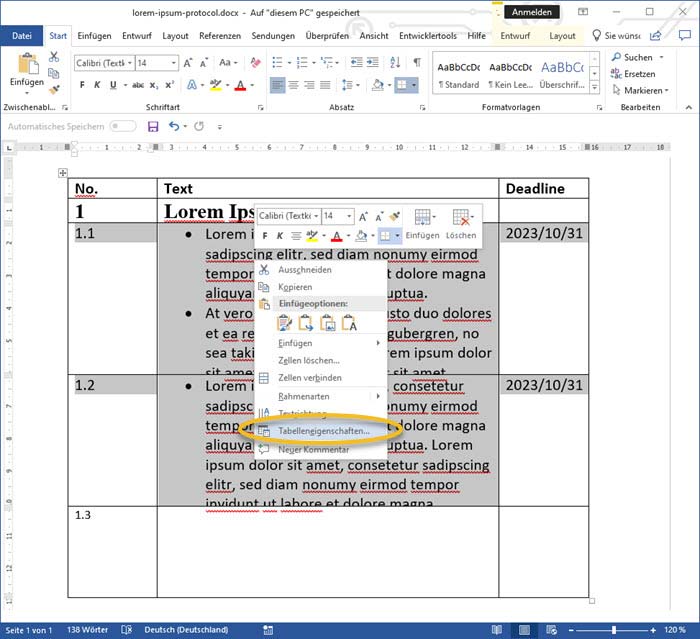 Screenshot Word Tabelleneigenschaften aufrufen