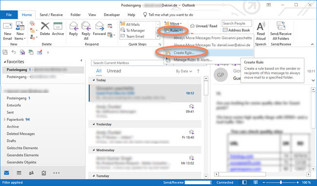 Screenshot of Outlook how to create a rule