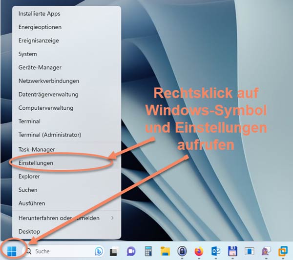 Screenshot: als erstes die Windows-Einstellungen aufrufen