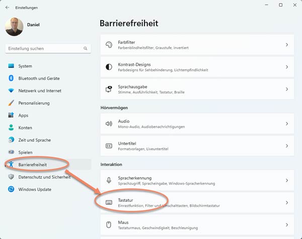 Screenshot: als zweites Barrierefreiheit und dann Tastatur auswählen