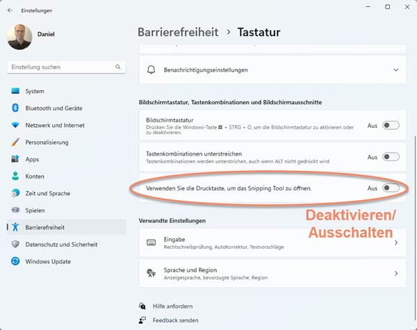 Screenshot: als Drittes den Eintrag ausschalten zur Verwendung des Snipping Tools beim drücken der Drucktaste