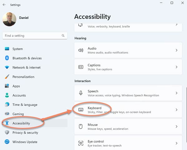 Screenshot: select Accessibility as second and then Keyboard