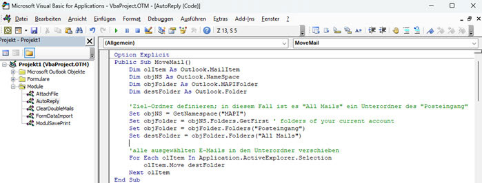 VBA-Editor-Screenshot des VBA-Codes, um eine E-Mail in einen Unterordner oder Archivordner zu verschieben.