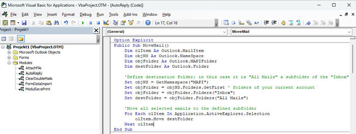 VBA editor screenshot of the VBA code to move an email to a subfolder or archive folder.