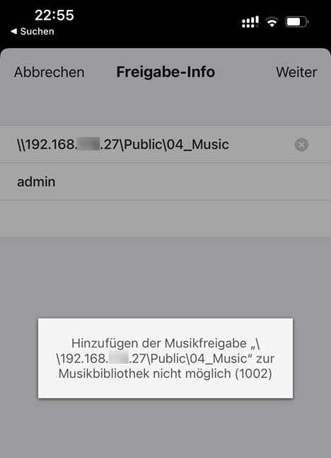 Hinzufügen der Musikfreigabe Musikbibliothek nicht möglich