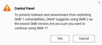 Warning message that you should not use SMB-1 anymore