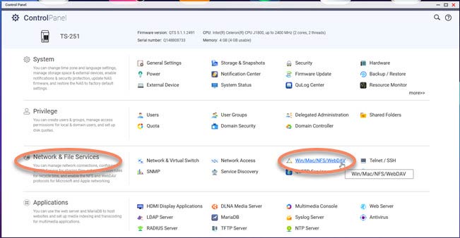 In the QNAP Control Panel, select Network and File Services and click Win/Mac/NFS/WebDav.