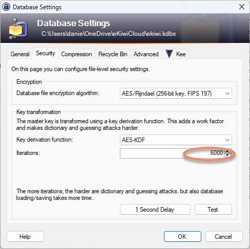 Screenshot Kee-Pass database settings with 6000 iterations