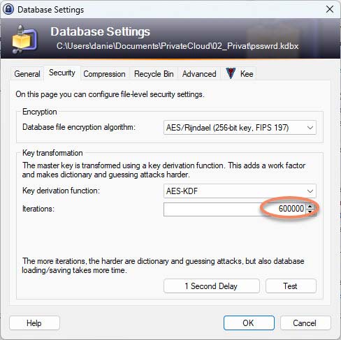 Captura de pantalla de la configuración de la base de datos de Kee-Pass con 600.000 pasos de iteración