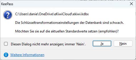 Screenshot der deutschen Meldung in KeePass: Die Schlüsseltransformationseinstellungen der Datenbank sind schwach