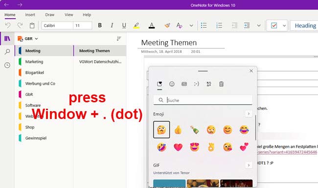 Screenshot of OneNote with dialog for searching and inserting emoji