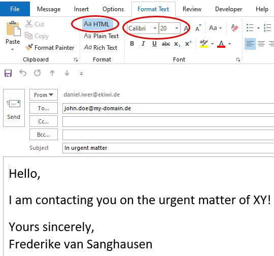 Screenshot of Outlook email created with VBA macro in HTML format. The font and font size properties were set.