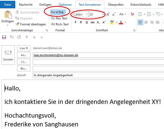 Screenshot Outlook-Email mit VBA-Macro erstellt im HTML-Format. Dabei wurden Eigenschaften der Schriftart und Schriftgröße gesetzt.