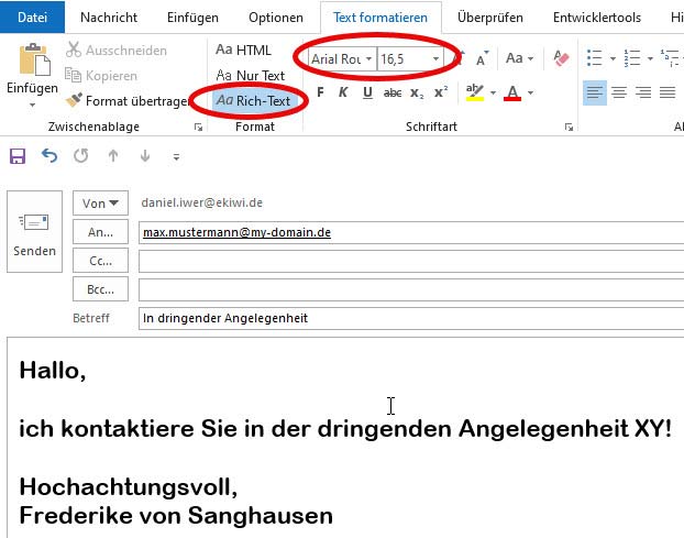 Screenshot der automatisch erzeugten E-Mail, in der Schriftgröße und Schrift automatisch angepasst wurden unter Verwendung des Rich-Text-Formats