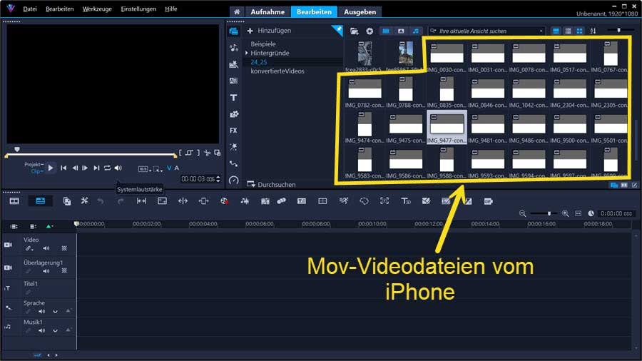 Screenshot Corel Video Studio: mov-Videodateien werden nicht dargestellt