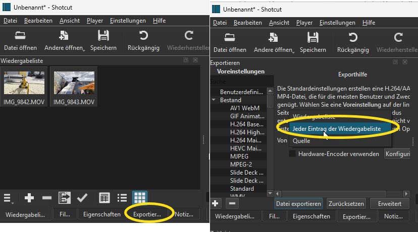 Screenshot mov-Videos mit Shotcut exportieren