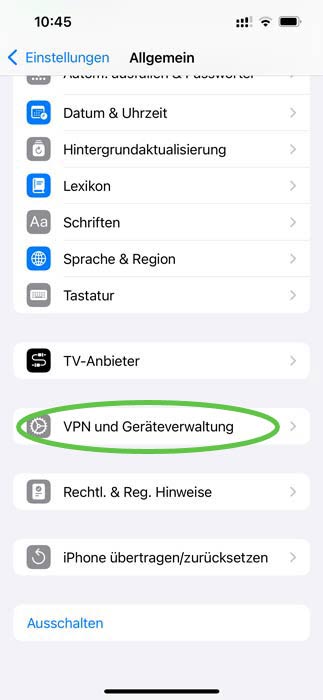 iPhone Screenshot unter "Einstellungen" > "Allgemein" > "VPN und Geräteverwaltung" auswählen