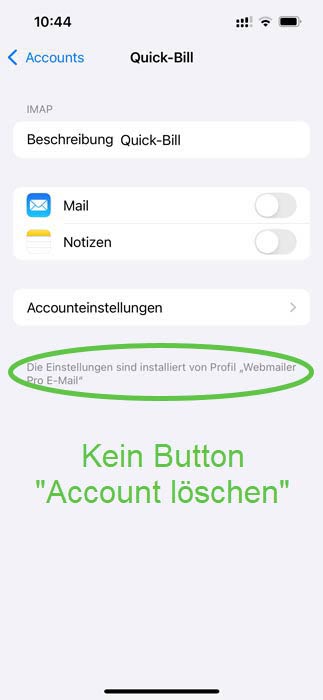 Screenshot iPhone Mail-Account kann nicht entfernt werden in den Mail-Einstellungen. Es kein Button "Account löschen" in den Mail-Einstellungen vorhanden. Es gibt nur ein Hinweis auf ein Profil.
