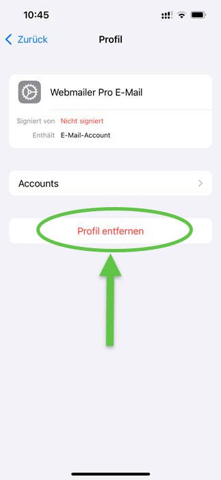 iPhone Screenshot Button "Profile entfernen" anwählen
