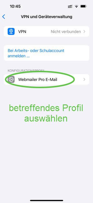 iPhone Screenshot unter "Einstellungen" > "Allgemein" > "VPN und Geräteverwaltung" das zu löschende Profil auswählen