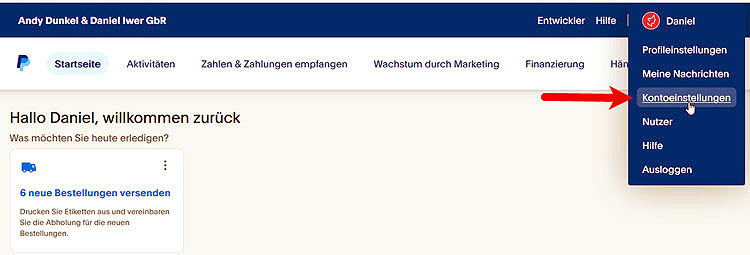 Screenshot: Auf Kontonamen klicken und dann Kontoeinstellungen aufrufen