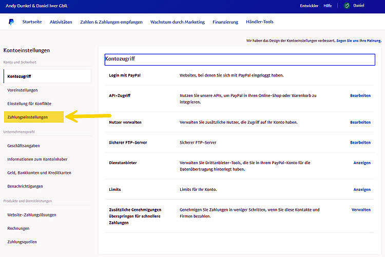 Screenshot: in den Kontoeinstellungen dann auf "Zahlungseinstellungen" klicken