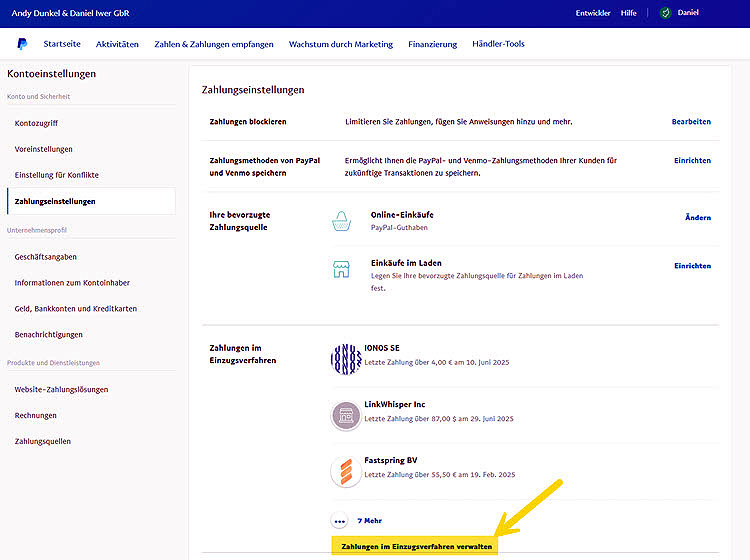 Screenshot: Link unten namens "Zahlungen im Einzugsverfahren verwalten" anklicken