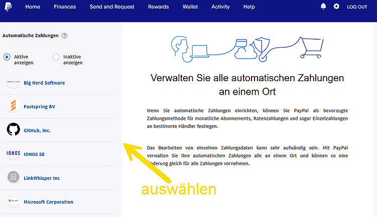 Screenshot: links aus der Liste der automatischen Zahlungen den Dienstleister auswählen, dessen Abo gekündigt werden soll