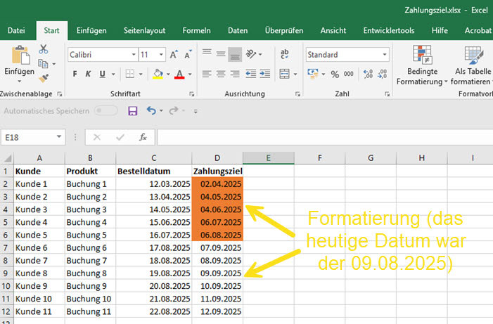 Screenshot Ergebnis: Zellen erhalten eine Füllfarbe, wenn das eingetragene Datum kleine gleich dem heutigen bzw. aktuellem Datum ist.