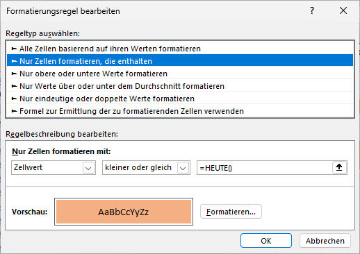 Scrrenshot Formatierungsregel erstellen mit der "=HEUTE()"-Funktion
